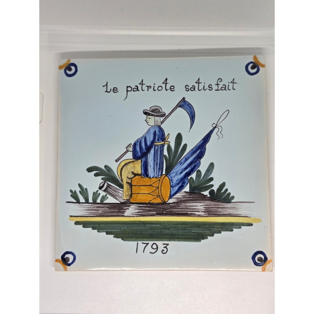 Vintage Geo Martel Tile "Le Patriote Satisfait" 1793, Made in Desvres, France